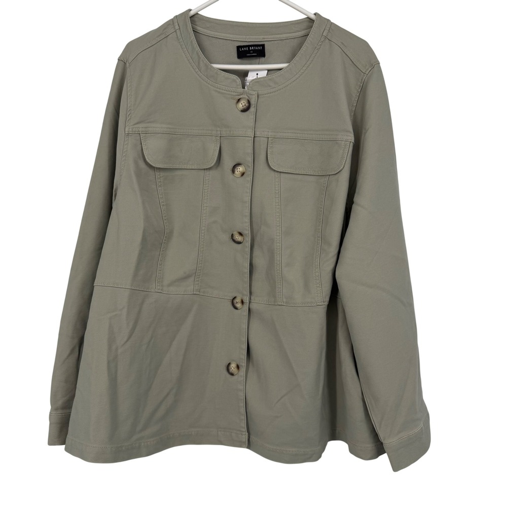 Lane Bryant Jacket Women 22 Sage Green Utility Collarless Button Front NEW